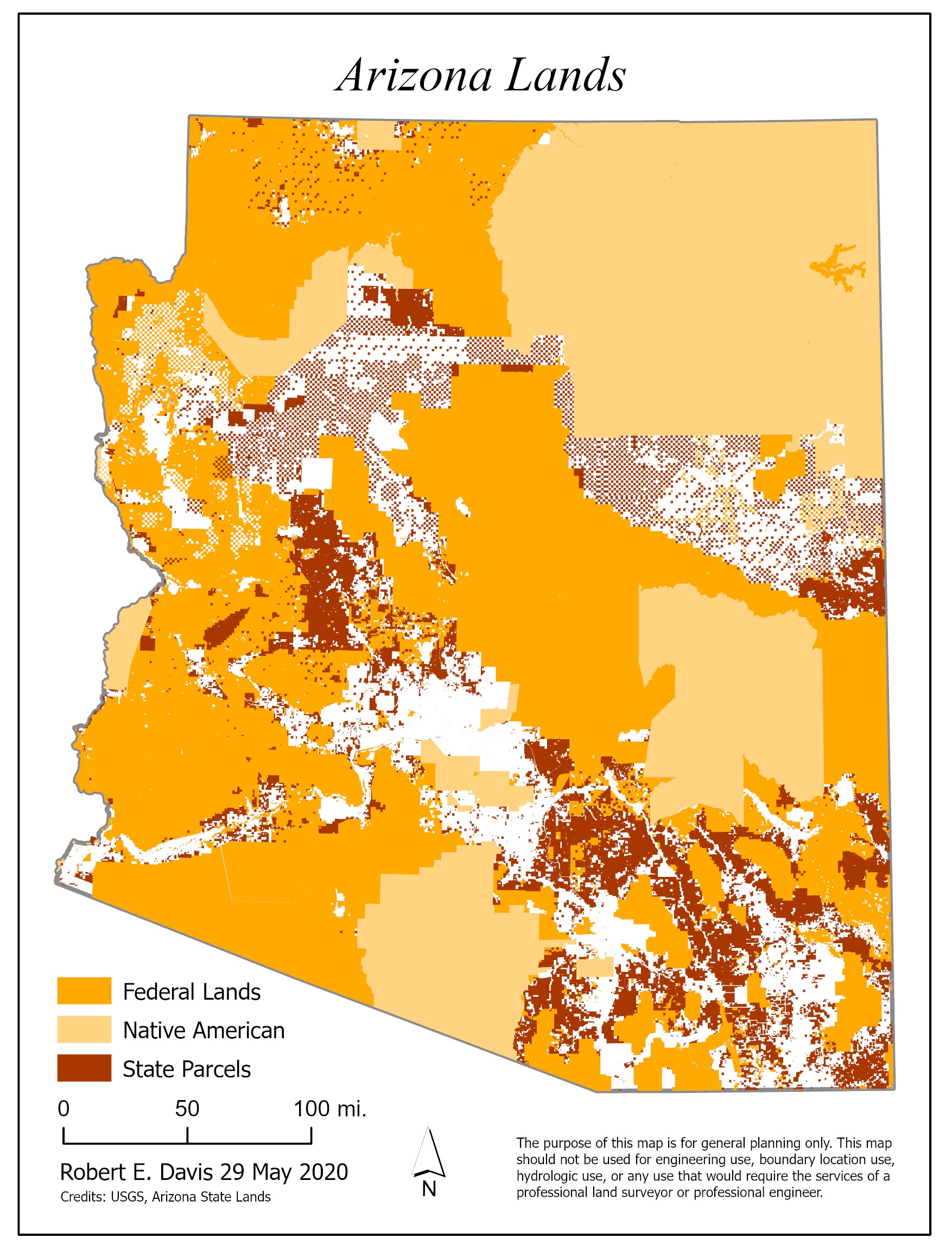 Arizona Lands map. - Private land makes up less than 18% of the area of Arizona, and more than half of that area has been paved or subdivided. Private parcels, as shown by the map, generally occur in the most well-watered valleys of the state. 
