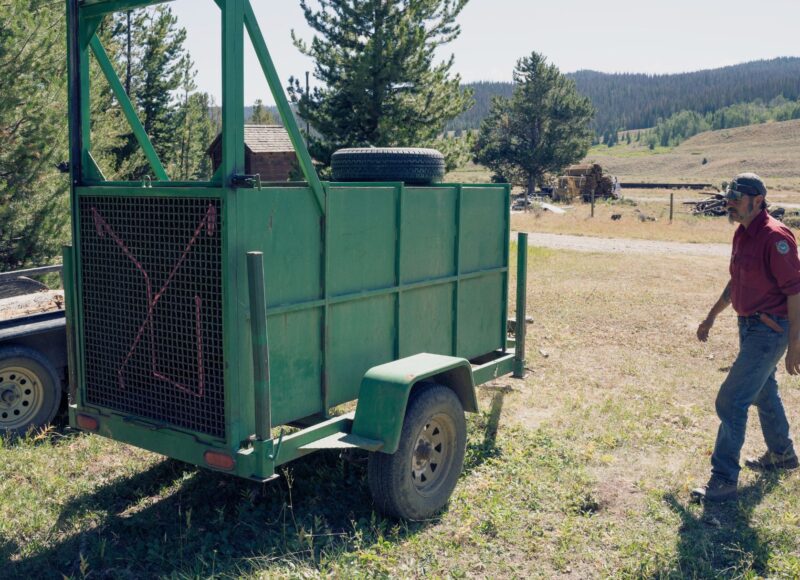 A Wyoming Game and Fish employee approaches an empty bear trap trailer used to capture grizzly bears for management action.