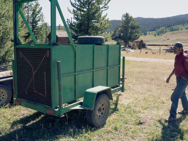 A Wyoming Game and Fish employee approaches an empty bear trap trailer used to capture grizzly bears for management action.