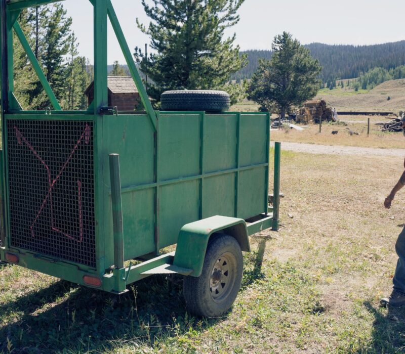 A Wyoming Game and Fish employee approaches an empty bear trap trailer used to capture grizzly bears for management action.